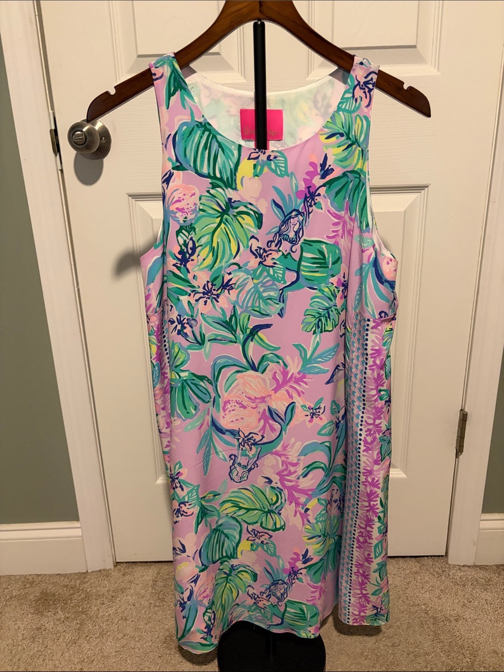 Lilly Pulitzer Pink Tropical Shift Dress with Green & Aqua Leaves